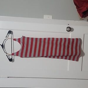 Women's Gray& red striped dress. Knee length. Spaghetti straps. Like new. Size S